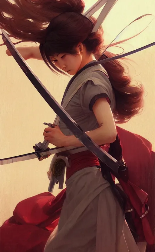 Image similar to Japanese shool girl holding a katana, sci-fi, highly detailed, digital painting, artstation, concept art, smooth, sharp focus, illustration, art by artgerm and greg rutkowski and alphonse mucha