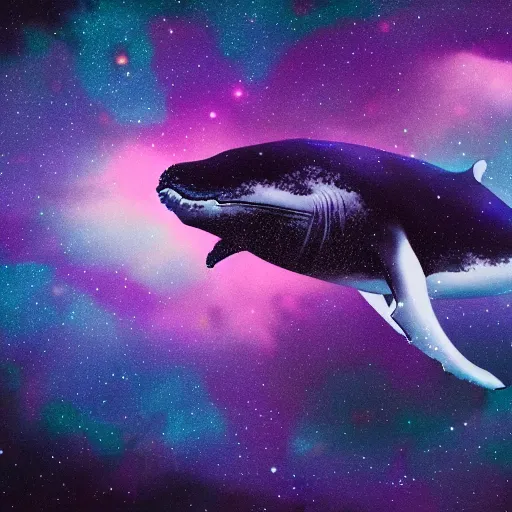 Image similar to portrait of whale swimming on a dark night sky, swimming across the universe, nebulae, purple and blue, galaxies, oniric, dreamy, beautiful, highly detailed, cinematic, dynamic composition, trending on artstation