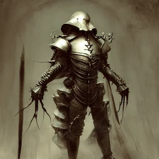 Image similar to “ a full - body portrait of victorian evil knight by emil melmoth, zdzislaw beksinski, craig mullins, yoji shinkawa, cross, artstation, pete morbacher, hyper detailed, cthulhu samurai armor, golden decoratived jaw armor, very detailed, artstation, rendering by octane, unreal engine, spaceship interior background. ”