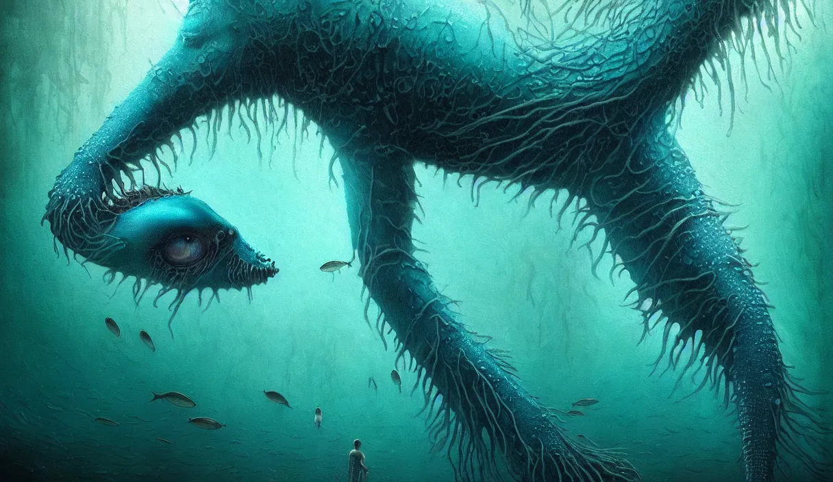 Image similar to epic professional digital art of hungry eyes, ambient teal light, painted, mysterious, closeup cinematic aquatic life scene, eerie, mythic, detailed, intricate, grand, leesha hannigan, wayne haag, reyna rochin, ignacio fernandez rios, mark ryden, van herpen, artstation, cgsociety, epic, stunning, gorgeous, wow wow detail