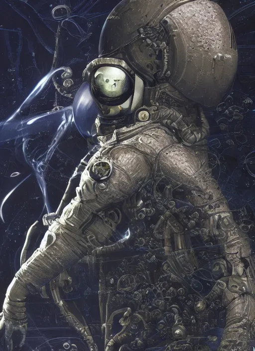 Image similar to astronaut in dark void underwater - complex and hyperdetailed technical suit design. reflection and dispersion materials. rays and dispersion of light. volumetric light. f / 3 2. noise film photo. flash photography. ultra realistic, 5 0 mm. poster by wayne barlowe, hajime sorayama aaron horkey, craig mullins