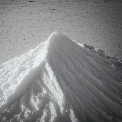 Prompt: mound of salt shaped mount everest, cracked desert background. somber. haunting. 40mm lens, shallow depth of field, split lighting