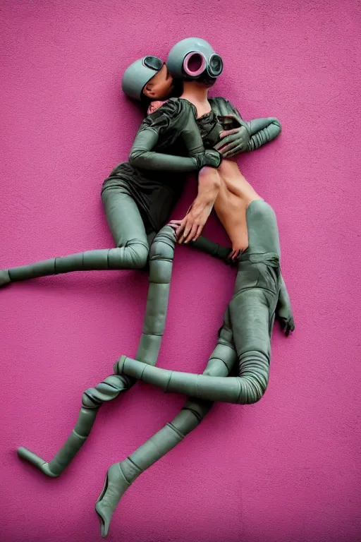 Image similar to a surreal portrait of intertwined and contorted figures wearing gas mask next to a pink wall in the style of brooke didonato, editorial fashion photography from vogue magazine, full shot, nikon d 8 1 0, ƒ / 2. 5, focal length : 8 5. 0 mm, exposure time : 1 / 8 0 0, iso : 2 0 0