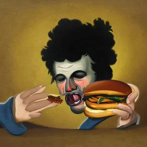 Image similar to painting of a sad man devouring cheeseburger in the style of francisco goya