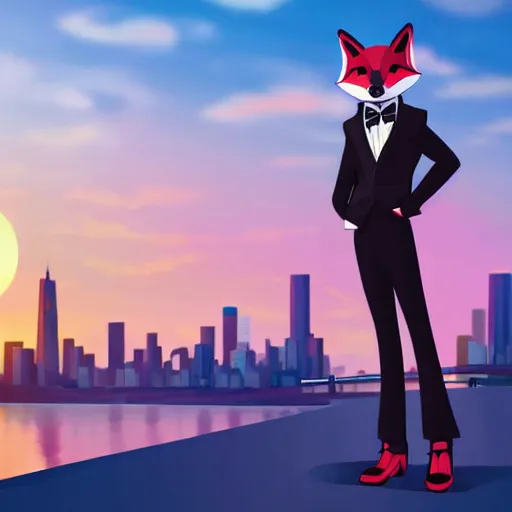 Image similar to a black anthropomorphic male fox furry wearing a fancy suit in the city at sunset, modern anime style