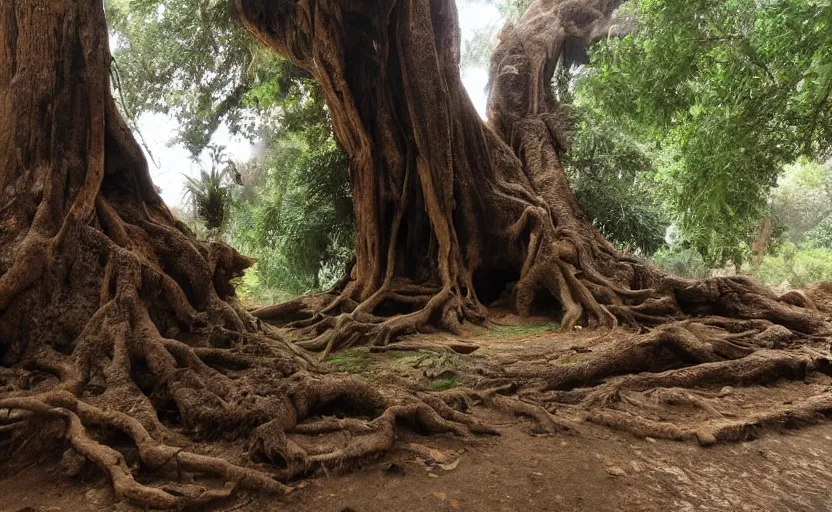 Prompt: secret entrance to giant ancient tree, background of indiana jones game