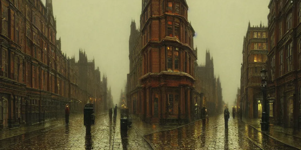 Image similar to Victorian city street on a rainy day in London, evening, low angle view, detailed matte painting, cinematic, John Atkinson Grimshaw, Artstation