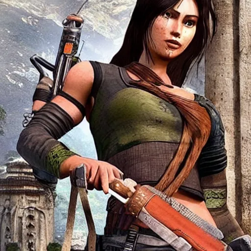 Image similar to give me lara croft wearing batik!