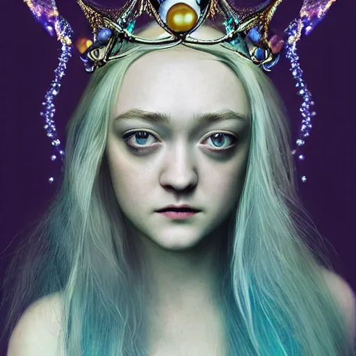 Image similar to dakota fanning portrait, fantasy, mermaid, hyperrealistic, game character, underwater, highly detailed, sharp focus, cinematic lighting, pearls, glowing hair, shells, gills, crown, water, highlights, starfish, jewelry, realistic, digital art, pastel, magic, fiction, ocean, king, colorful hair, sparkly eyes, fish, heroic, goddess, waves, bubbles, queen