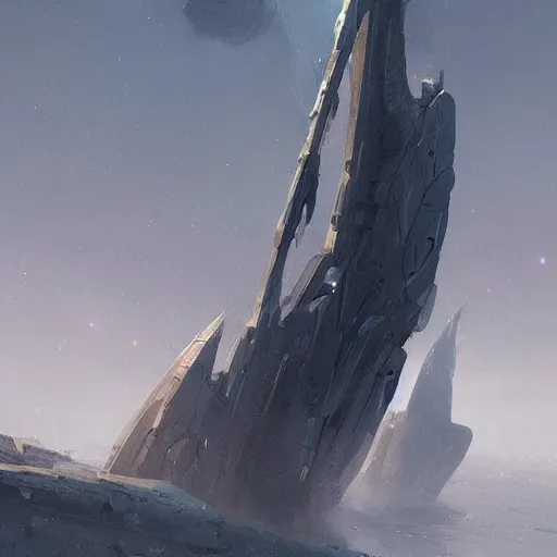 Image similar to concept art of a large space vessel in the shape of an spear by greg rutkowski