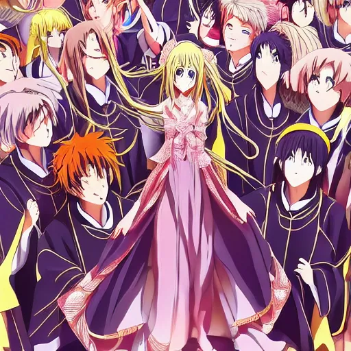 Image similar to Key Anime Visual a 50 foot tall giant anime girl goddess surrounded by a group of worshippers, wlop