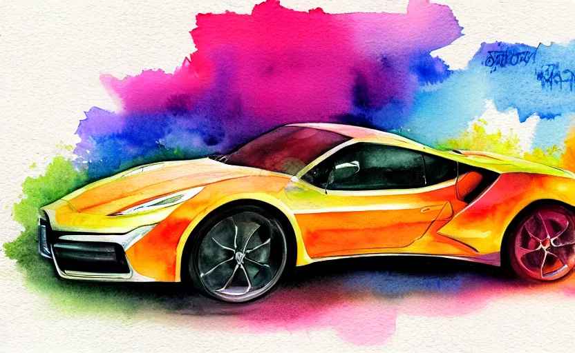 Image similar to colorful watercolor sketch of a sport car, highly detailded