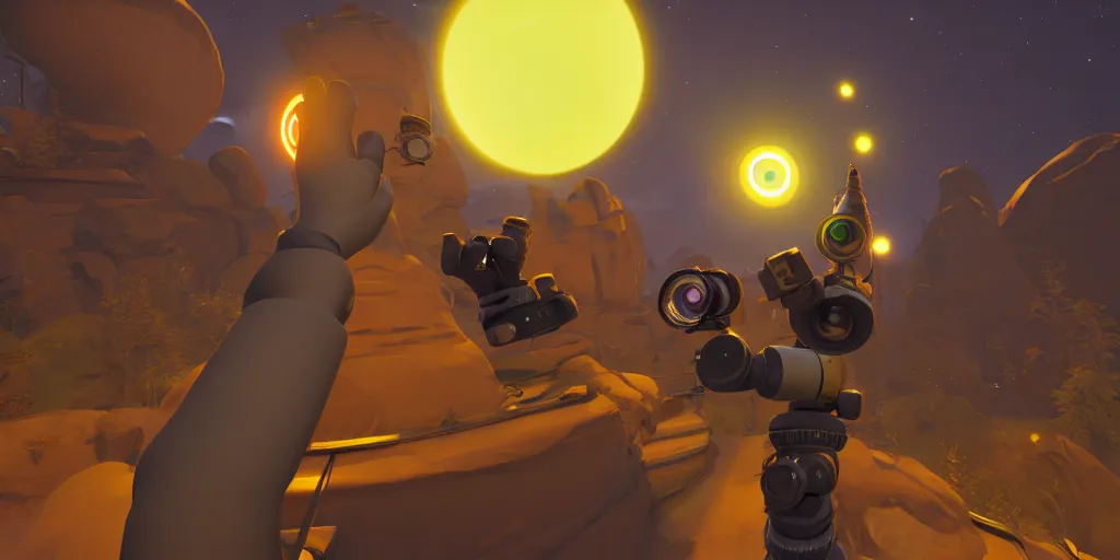 Prompt: selfie of a outer wilds character holding a camera, outer wilds screenshot, unreal engine, digital art