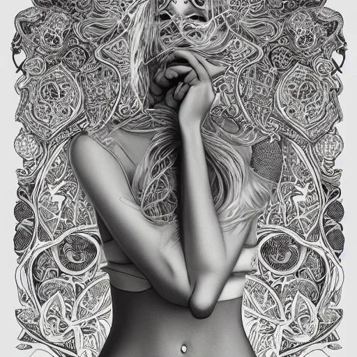 Image similar to the portrait of an unbelievably beautiful, elegant, sensual, and sophisticated young woman, an ultrafine detailed illustration by james jean, intricate linework, bright colors, final fantasy, behance contest winner, vanitas, angular, altermodern, unreal engine 5 highly rendered, global illumination, radiant light, detailed and intricate environment