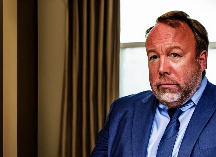 Image similar to dslr photo still of infowars host alex jones in a blue suit fat grey beard and mustache!!! sitting depressed!!! in a!!! room with a giant iphone behind him!!!, 5 2 mm f 1. 8