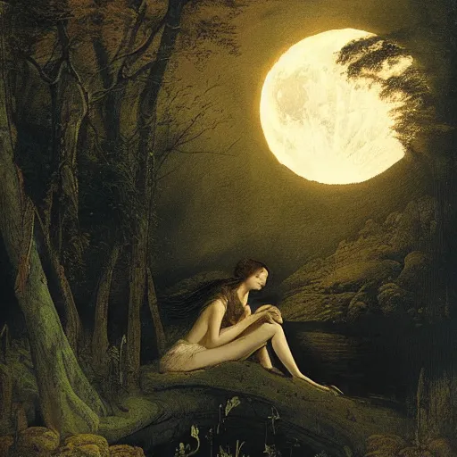 Image similar to rusalka sits by a pond in an apocalyptic dark forest at night, moon gazing, by john martin