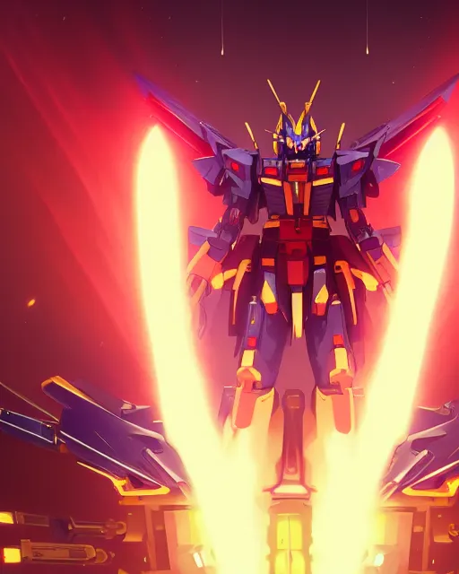 Image similar to highly detailed vfx portrait of an demonic gundam with wings of feathers beam saber fighting in space with a beam gun, unreal engine, greg rutkowski, loish, rhads, beeple, makoto shinkai and lois van baarle, ilya kuvshinov, rossdraws, tom bagshaw, alphonse mucha, global illumination, detailed and intricate environment