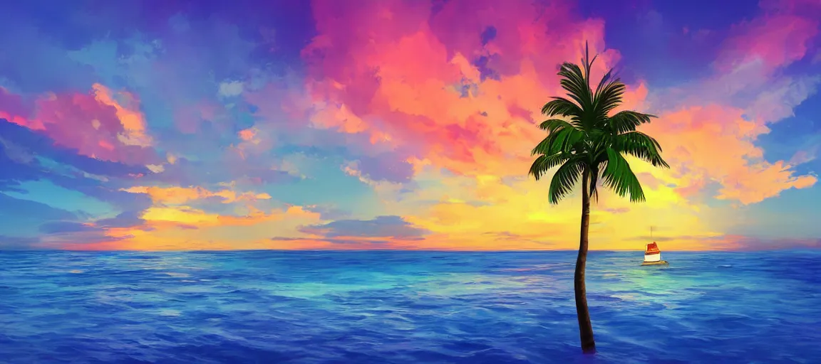 Prompt: small house on a tiny island in the middle of the ocean, sandy beach surrounding the island, (((colorful clouds))), sunset, palm trees, digital art, artstation