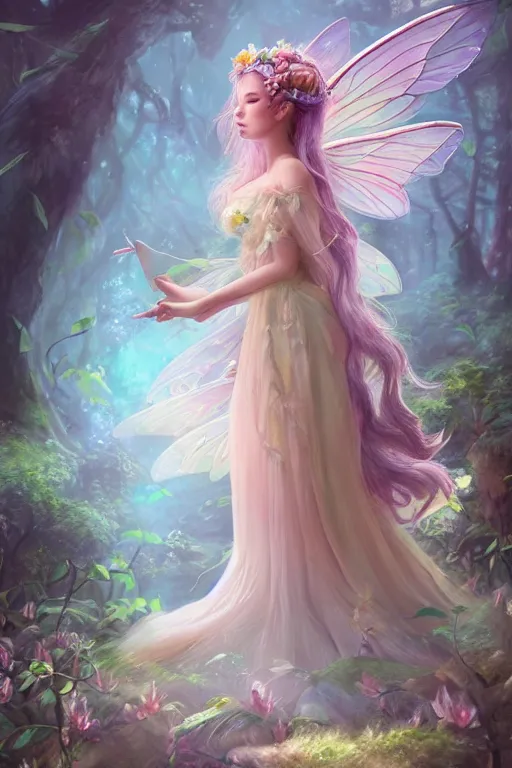 Image similar to a cute and geogerous fairy in the dreamy forest, fantasy, dreamlike, 8 k resolution, hyper detailed, d & d, character design, digital painting, trending on artstation, sharp focus, illustration, art by viktoria gavrilenko, hoang lap, fuji choko, steve zheng,