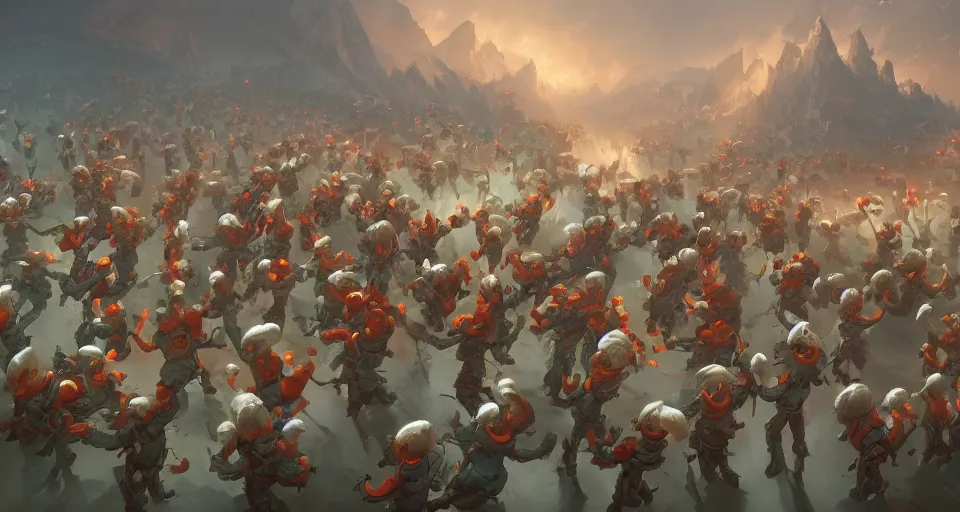 Prompt: army of ronald mcdonalds, concept art by noah bradley, darek zabrocki, tyler edlin, jordan grimmer, neil blevins, james paick, natasha tan, highly detailed, ultra detailed, ultra realistic, trending on artstation