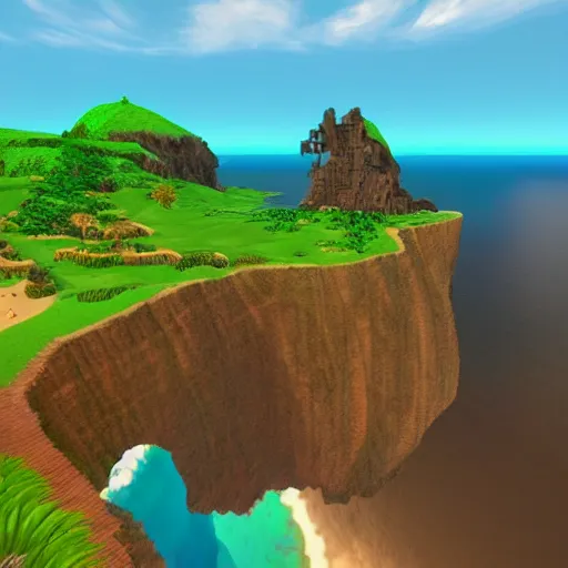 Image similar to hawaii cliffs and ocean as a legend of zelda landscape, beautiful, 3 d game art