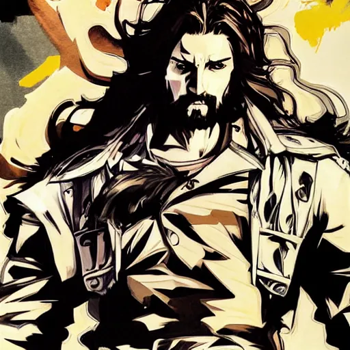 Image similar to portrait jesus in a jojo pose, game poster by yoji shinkawa