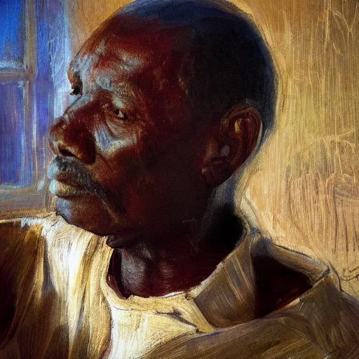 Image similar to a painting of a thinker, thoughtful, focused, visionary, calm, jovial, loving, daddy/fatherly, generous, elder and his on from Kenya by Henry Ossawa Tanner . dramatic angle, ethereal lights, details, smooth, sharp focus, illustration, realistic, cinematic, artstation, award winning, rgb , unreal engine, octane render, cinematic light, macro, depth of field, blur, red light and clouds from the back, highly detailed epic cinematic concept art CG render made in Maya, Blender and Photoshop, octane render, excellent composition, dynamic dramatic cinematic lighting, aesthetic, very inspirational, arthouse.