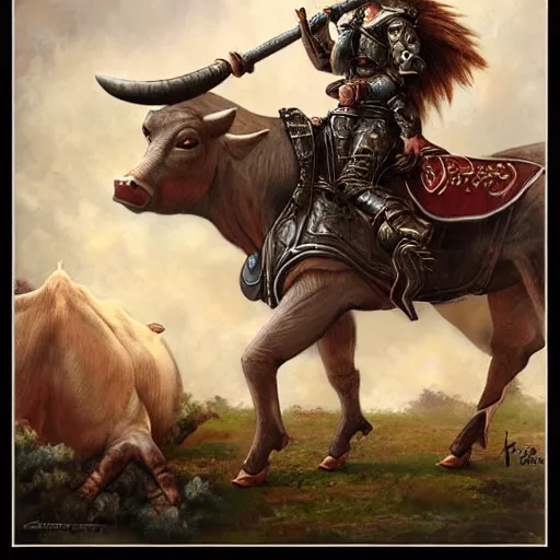 Image similar to A monkey riding an armored cow, by Heather Theurer