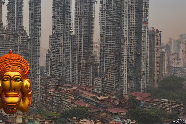 Image similar to high quality 3 d cyberpunk biomorphic hanuman head building in the middle of mumbai!!, kalighat highly detailed, cinematic smooth, stephen shore & john j. park, soft morning light, wide shot, high angle, uhd 8 k, deep focus