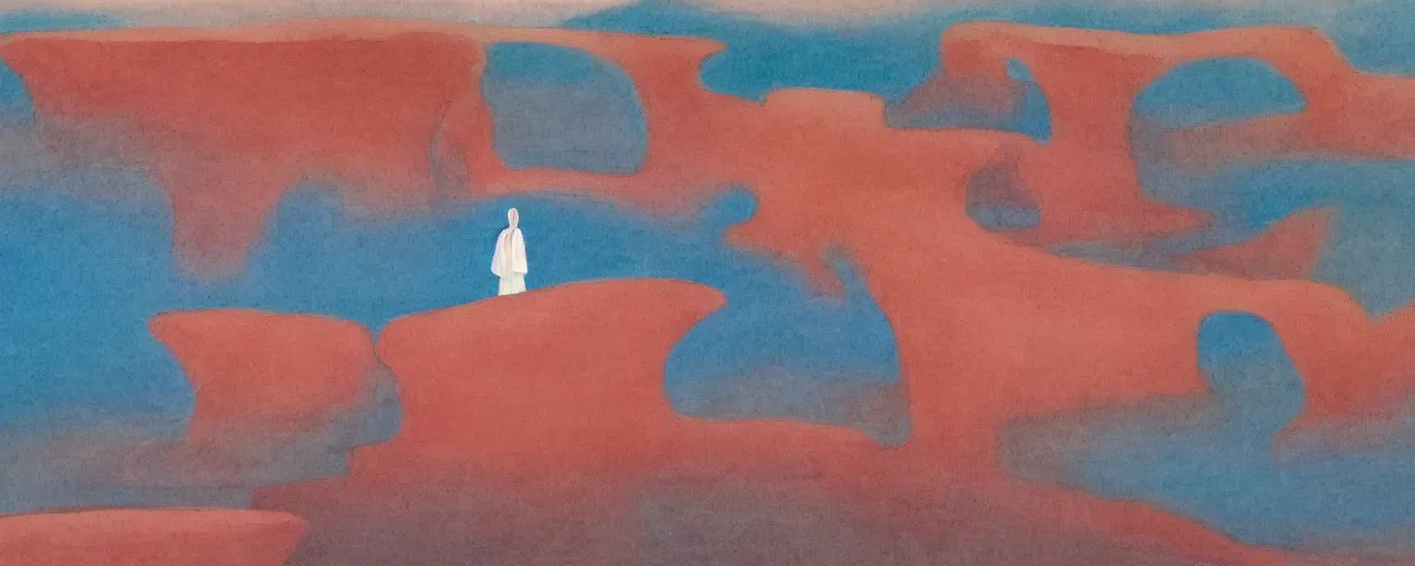 Prompt: deep desert, oasis, water lake, mirage, sand mists, red sandstone natural sculptures, desert flowers, subtle color variations, gentle mists, a white robed benevolent magician clothed in a royal garment in contemplation meditating upon God, by Eyvind Earle and Mary Blair