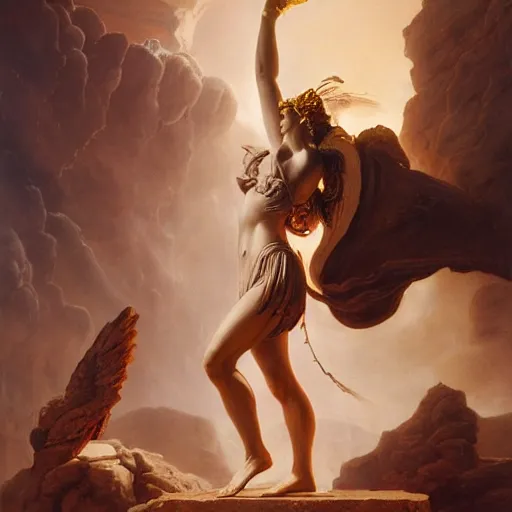 Image similar to Birth of Athena from the head of Zeus, hyperrealism, no blur, 4k resolution, ultra detailed, style of Jonathan Solter, Peter Mohrbacher, Alexander Trufanov, Finnian MacManus, Frank Frazetta, Albert Bierstadt