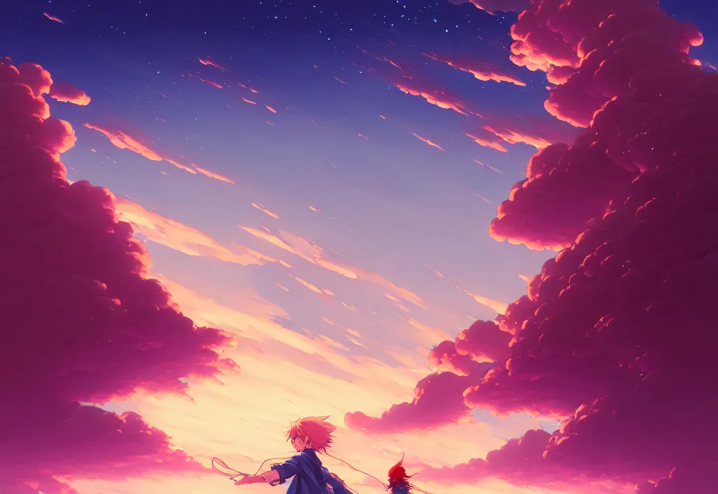 Prompt: night sky clouds on the horizon, intricate oil painting, high detail illustration, sharp high detail, manga and anime 1 9 9 9, official fanart behance hd artstation by jesper ejsing and makoto shinkai, 4 k,