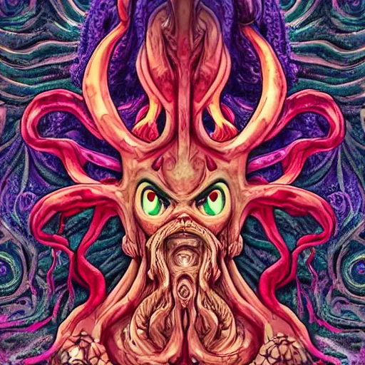 Image similar to 4 k colored headshot of godlike cthulhu with defined arms and open hands and bloody clothes with giant mandala wings, intricate face, flawless anime cel animation by kentaro miura, psychedelic, highly detailed upper body, professionally post - processed, beautiful, scary, symmetry accurate features, epic, octane rendered, anime masterpiece, accurate