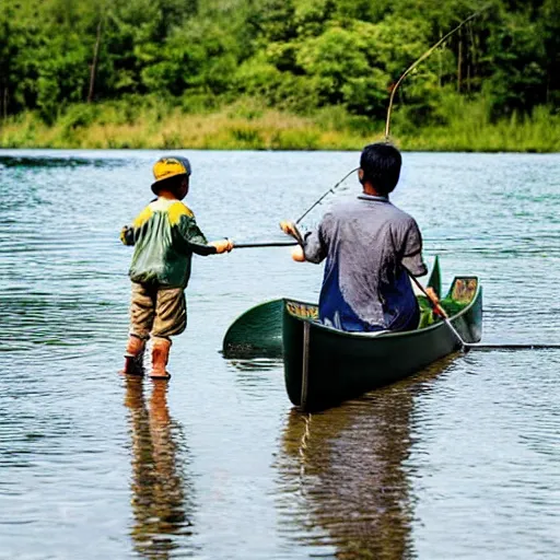 Prompt: Asian boy fishing with his father in canoe