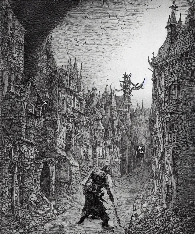 Prompt: a black and white illustration of a silhouetted medieval jester walking into the streets of mordheim, the city of the damned by ian miller, gustave dore, john blanche, albrecht durer, gustave dore, highly detailed, storybook illustration, surrealism, inspired by hieronymus bosch, ink on paper