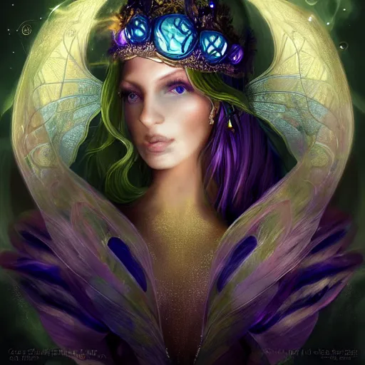 Image similar to detailed portrait of a fairy queen with wings wearing a silk robe and a cover for her face, crown, pixie, iris, realism, emerald, galaxy, sapphire,blonde hair going down to the floor, moonlit, dark fantasy, dramatic lighting, cgsociety, artstation