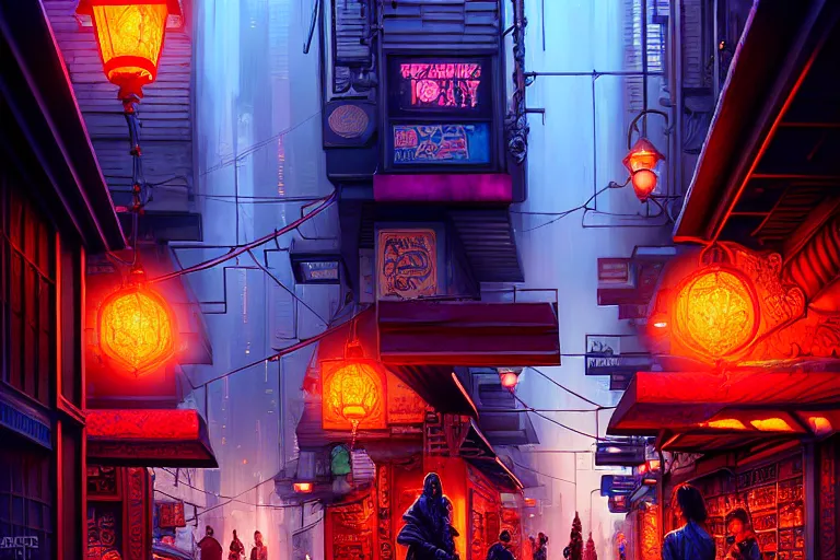 Image similar to a highly detailed bazaar street in the cyberpunk city of new washington, amazing cyberpunk digital painting, by gerald brom, brom digital art, intricate details, ultra realistic, beautiful art, volumetric lighting, ultra realistic, by art germ, warm colors advance cool colors recede, by brom, trending cgsociety, artstation, rim lighting, 8 k