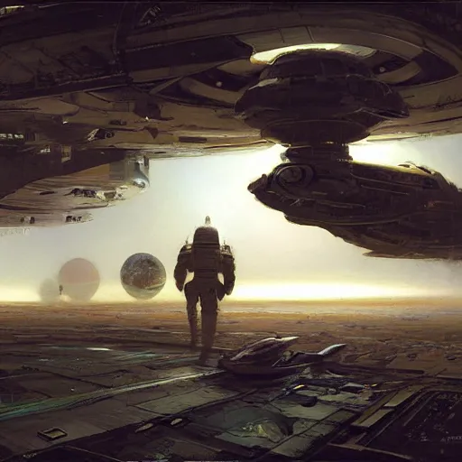 Image similar to spaceship landing on outer ring of a space station, long shadows, by craig mullins, jeremy mann.