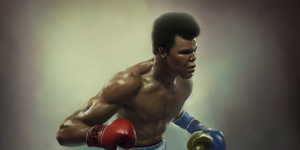 Prompt: portrait of muhammad ali in boxing ring, extremely detailed digital painting, in the style of fenghua zhong and ruan jia and jeremy lipking and peter mohrbacher, mystical colors, rim light, beautiful lighting, 8 k, stunning scene, raytracing, octane, trending on artstation
