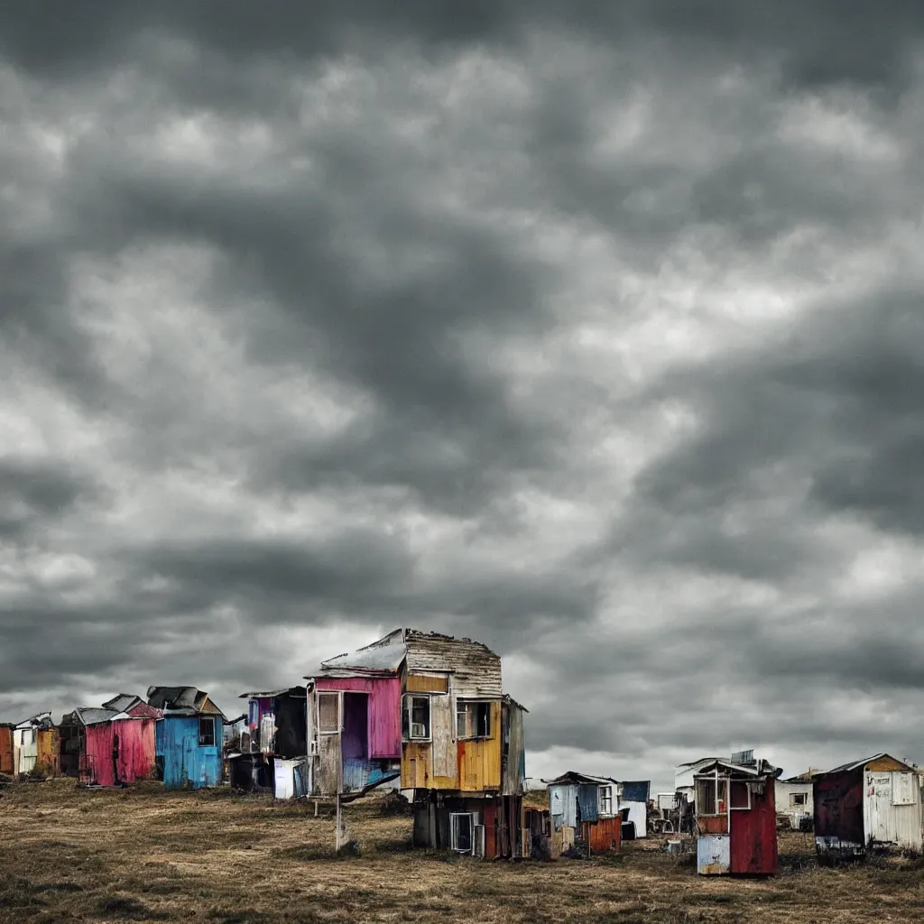 Image similar to towers made up of colourful makeshift squatter shacks, bleached colours, moody cloudy sky, dystopia, mamiya, very detailed, photographed by cristina de middel