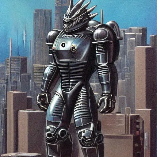 Prompt: mechagodzilla 1975!!! standing in a city aerial view muted palette highly detailed painting trending on artstation