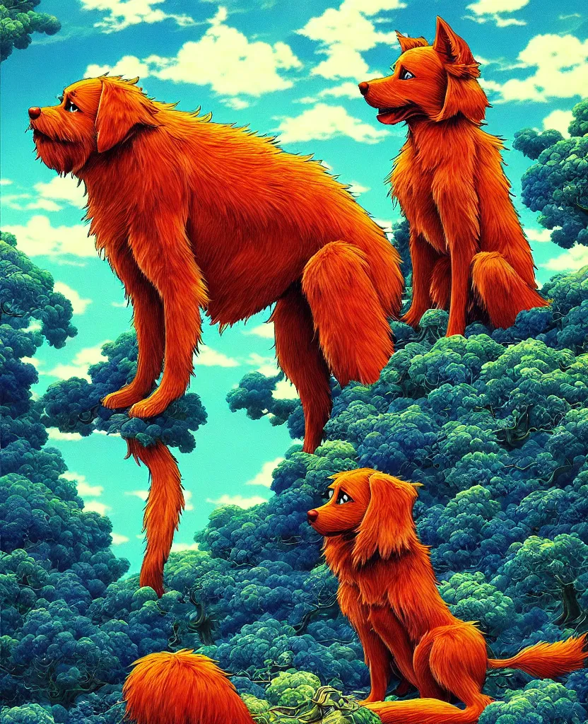 Image similar to beautiful painting cell shading from the anime film by studio ghibli, red anthropomorphic dog slitscan video effect, painting by Raqib shaw, detail fur,