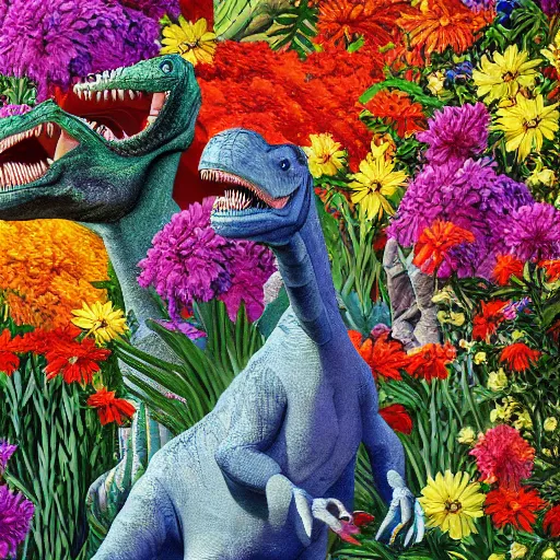 Image similar to dinosaurs in an explosion of flowers by James r. Knight, high detail, floral, ultra realistic