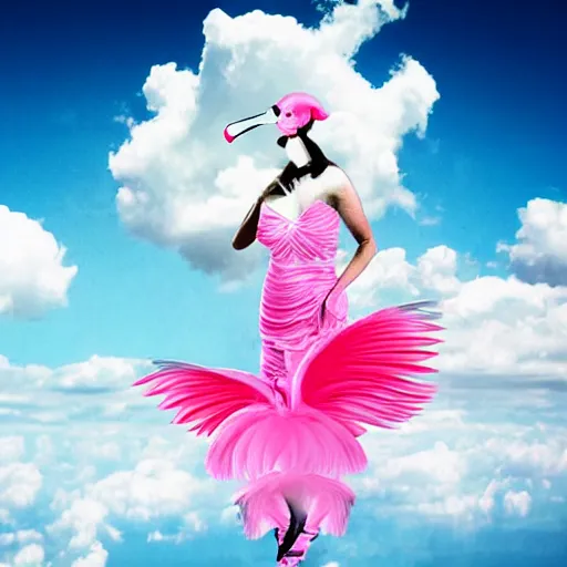 Image similar to goddess wearing a flamingo fashion in the clouds, photoshop, colossal, creative, giant, digital art, photo manipulation, clouds, sky view from the airplane window