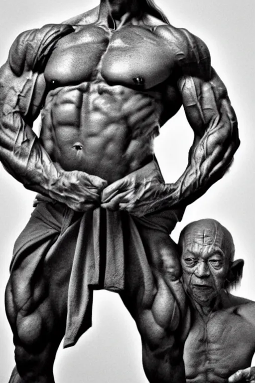 Prompt: Master Yoda is a jacked muscle builder gigachad, grayscale photography