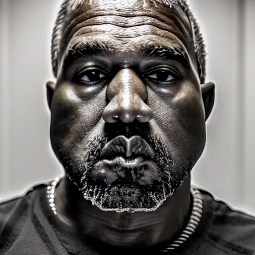 Prompt: mugshot of the face of old kanye west at 6 9 years old, in the future. cinematic lighting, ray tracing, octane render, long lens, shallow depth of field, bokeh, anamorphic lens flare, 8 k, hyper detailed, 3 5 mm film grain