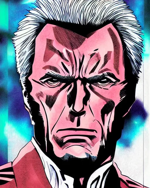 Image similar to Digital color pen drawing of Clint Eastwood from JoJo\'s Bizzare Adventure, highly detailed, sharp focus, screentone shading, 1990 manga panel, trending on ArtStation, manga cover art drawn by Hirohiko Araki