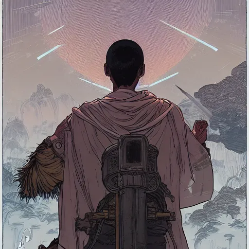 Image similar to portrait of the back of a monk with a mace, standing, Borderlands and by Feng Zhu and Loish and Laurie Greasley, Victo Ngai, Andreas Rocha, John Harris