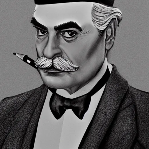 Image similar to pencil illustration of David suchet as hercule poirot, highly detailed, 8k, cinematic,