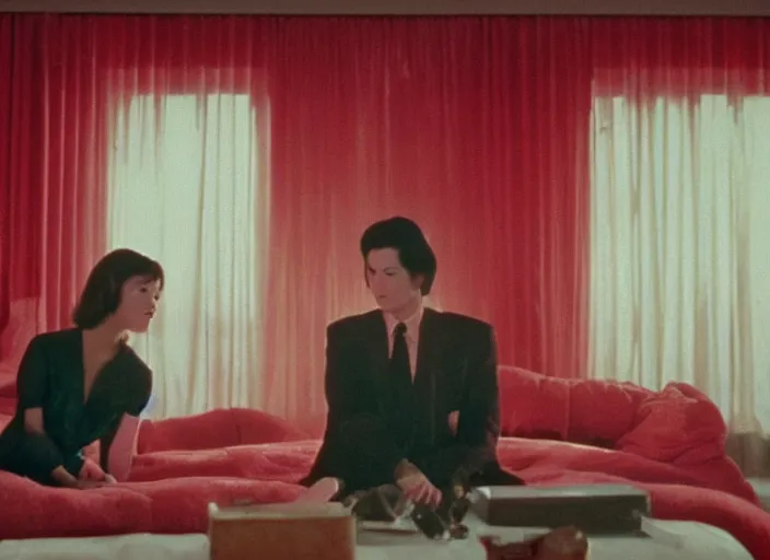 Image similar to Still frame the retro Twin Peaks, depicting the red room scene from Twin Peaks, directed by Nobuhiko Obayashi